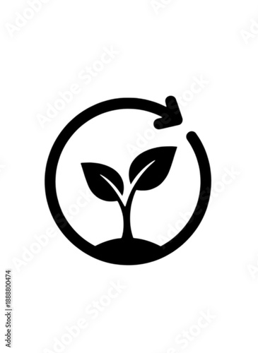A professional vector image featuring a seedling growing from soil encased within a circular refresh arrow representing sustainable growth