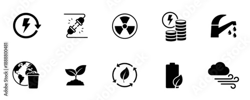 A comprehensive vector image set of energy and ecology icons including nuclear power, recycling, water conservation, and battery life