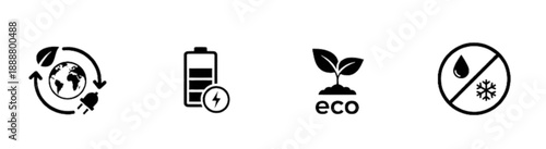 A detailed vector image depicting global energy connectivity, battery charging status, eco-labeling, and climate resistance icons