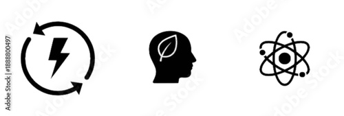 This vector image features symbols for renewable energy cycles, ecological mindset, and atomic science concepts