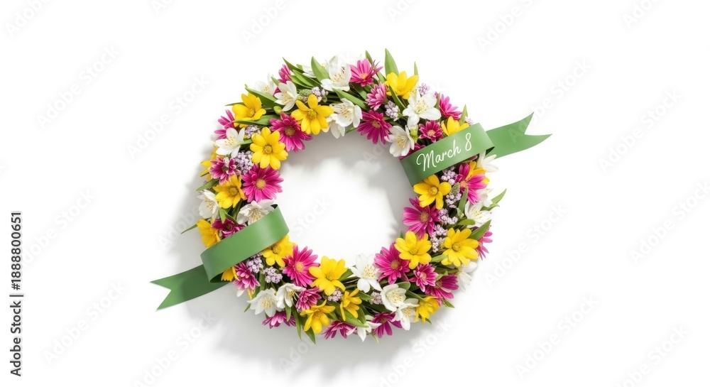 Obraz premium Wreath made of colorful flowers with a green ribbon for a celebration on March 8