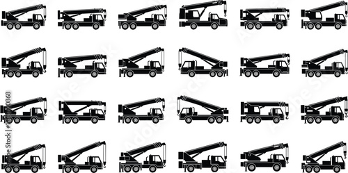 Mobile crane truck silhouettes set, heavy construction machinery icons, hydraulic lifting vehicle illustrations, industrial transport equipment, vector elements isolated on white background, black