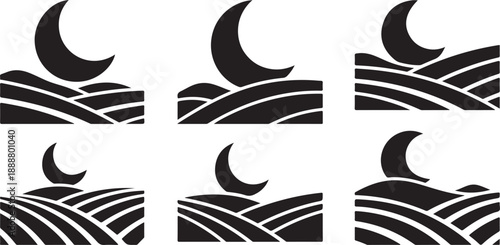 Black and white crescent moon landscape pattern design