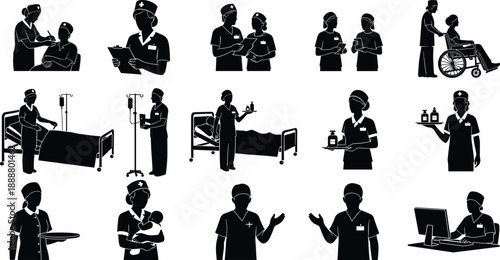 Nurse and healthcare staff silhouette set vector illustration, medical caregiving activities collection, hospital nursing roles, patient care scenes, black isolated figures