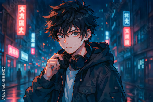 Cool anime boy character with black hair wearing a hoodie and headphones around his neck standing in a rainy cyberpunk city street with vibrant blue and red neon lights at night illustration