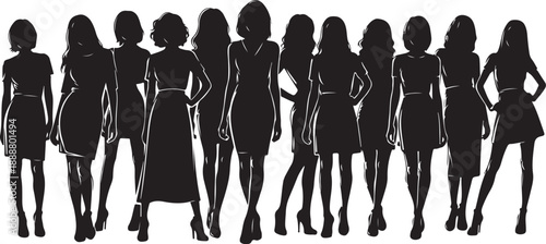 Silhouettes of women in various poses and dresses standing