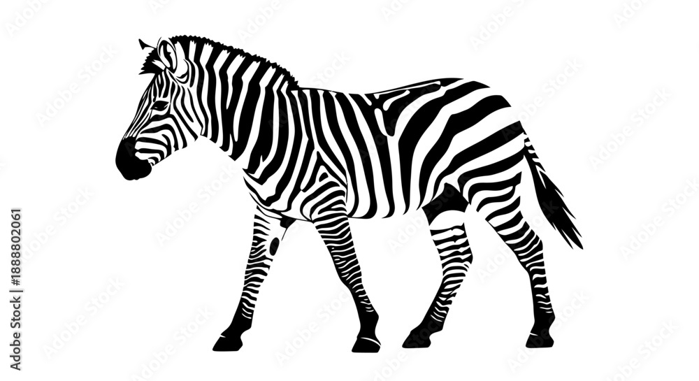 Fototapeta premium Black and white illustration of a zebra standing profile.