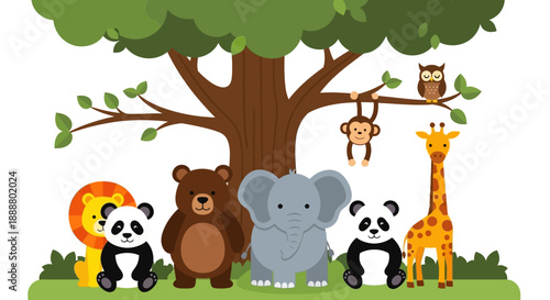 Cartoon animals gathered around a tree in a playful scene.