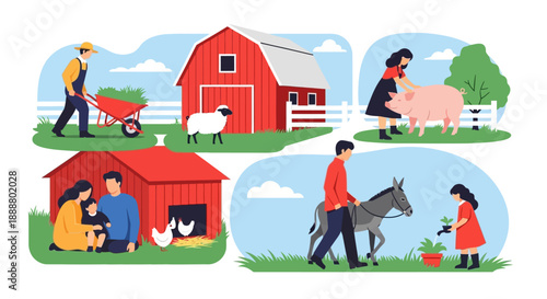 Farm Life Scenes with Animals and People Working.