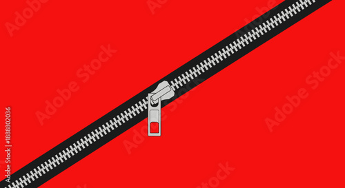 Silver metal zipper on red background, unzipped and open.