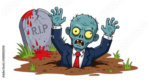 Zombie rising from grave in cartoon style.