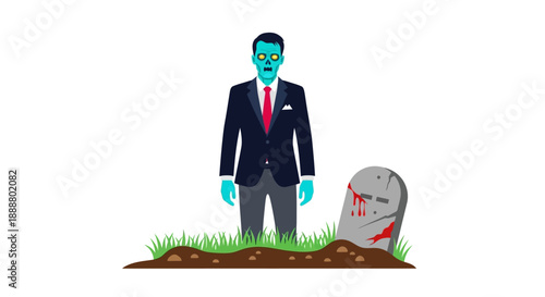 Zombie businessman standing beside a grave with a tombstone.