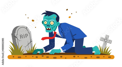 Cartoon zombie emerging from grave in cemetery.