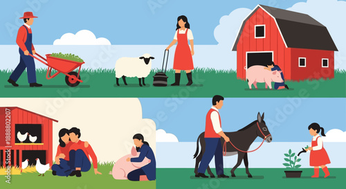 Farmers working on a farm with animals and plants.