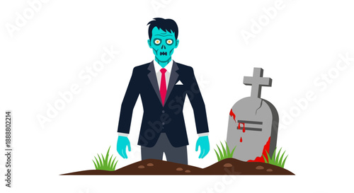 Zombie businessman standing beside a grave with a bloody tombstone.