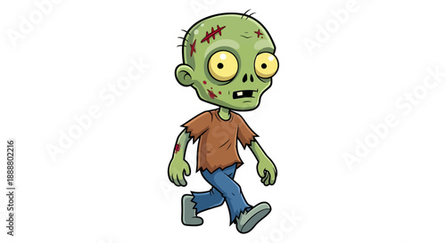 Cartoon zombie walking with a green complexion and visible wounds.