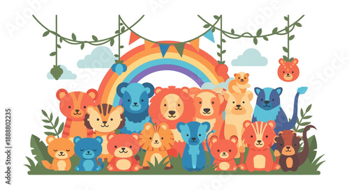 Colorful cartoon animals gathered under a vibrant rainbow.