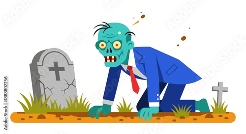 Zombie emerging from grave in cartoon style illustration.