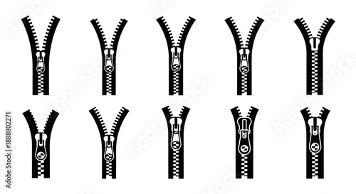 Collection of black zippers with different teeth and sliders.