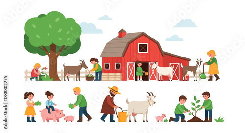 Children working together on a farm with animals and plants.