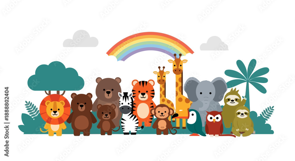 Naklejka premium Colorful cartoon animals standing together under a rainbow.