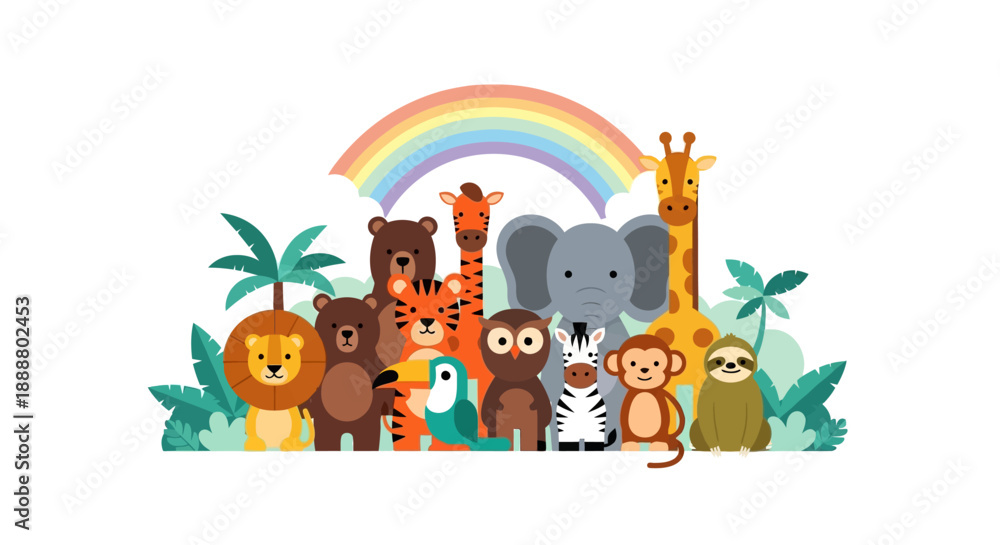 Obraz premium Colorful cartoon animals gathered together under a rainbow.