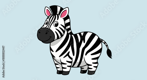 Cartoon zebra with black and white stripes standing on a light blue background.