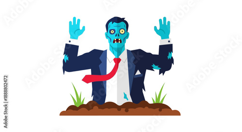 Zombie businessman rising from the grave in a suit and tie.