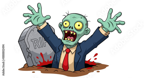Zombie businessman rising from grave in cartoon style.