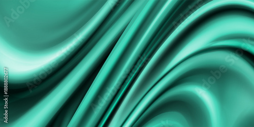Dark teal emerald green silk satin. Shiny smooth fabric. Soft folds. Luxury background with space for design. web banner. Flat lay, top view table. Birthday, Christmas, Valentine, New year.