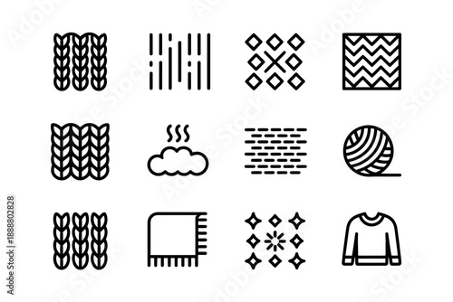 Collection of Textile Patterns and Knitting Icons Set