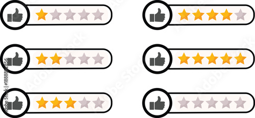 Five-star rating bar icon set with thumbs up symbols and adjustable star levels, designed for customer reviews, feedback systems, product ratings, service evaluation interfaces, mobile apps, websites