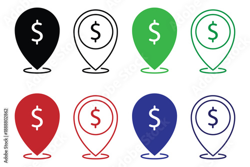 Money Location Pin Icon Vector Set, Dollar Currency Map Pointer Symbol for Finance, ATM, Bank Branch, and Business Address, Map Marker for Navigation, Payment, and Investment Concept Design Pack