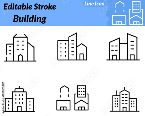 A clean modern vector character icon representing a building or office structure. The design features a friendly building-shaped character with windows doors and simple architectural details giving.