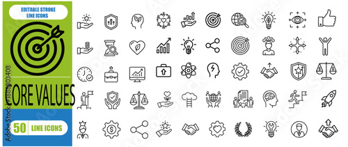 CORE VALUES OUTLINE ICON SET. CONTAINING INNOVATION, GOALS, RESPONSIBILITY, RELIABILITY, INTEGRITY, COMMITMENT, QUALITY, TEAMWORK, INCLUSION, AND MORE. EDITABLE STROKE. VECTOR ILLUSTRATION