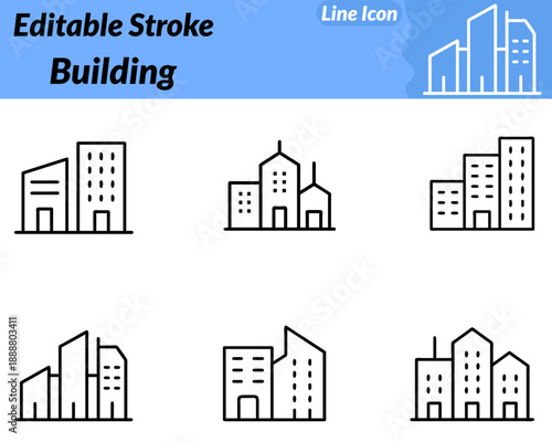 A clean modern vector character icon representing a building or office structure. The design features a friendly building-shaped character with windows doors and simple architectural details giving.