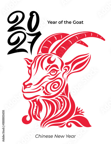 Decorative Goat zodiac sign for Chinese New Year 2027. Elegant symbolic goat with ornamental details. Festive vector design for Lunar New Year banners, posters, cards, cultural celebrations.