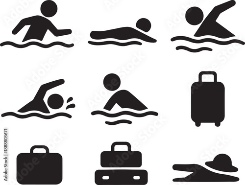 Swimming Travel Icon Silhouette Set