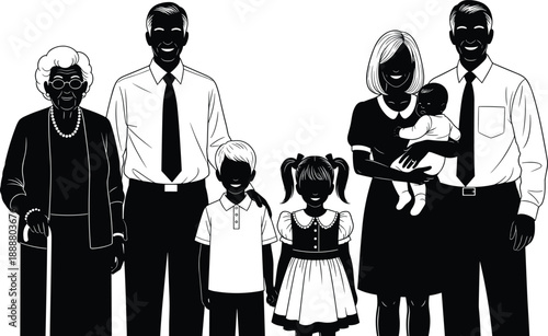 Family silhouette illustration, multigenerational family portrait, parents children grandparents baby, black and white vector, happy family concept, isolated background