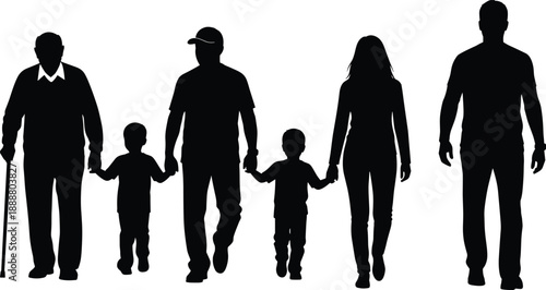 Family silhouette walking together, parents with children, generations concept, love and care, unity bonding, black vector illustration, isolated white background