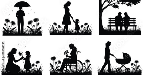 Family, silhouette, illustration, motherhood, childhood, nature, garden, scenes, love, care, bonding, parenting, umbrella, park, bench, wheelchair, stroller, flowers, black, white