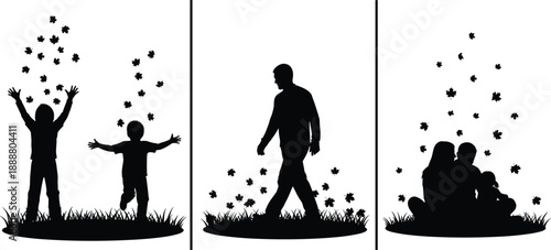 Family, silhouette, seasons, illustration, parents, children, autumn, leaves, nature, bonding, love, togetherness, outdoor, scene, black, white, vector, life, moments, concept