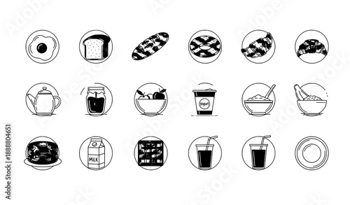 Minimal breakfast icons in circular outline style editable stroke vector illustration set