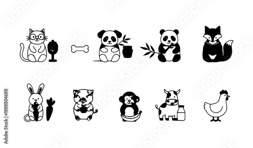 Minimal funny animal icons with props editable stroke vector illustration set