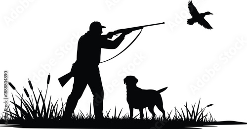 hunter silhouette shooting bird, hunting with dog, outdoor wildlife scene, shotgun aiming, black vector illustration, nature background, rural adventure concept