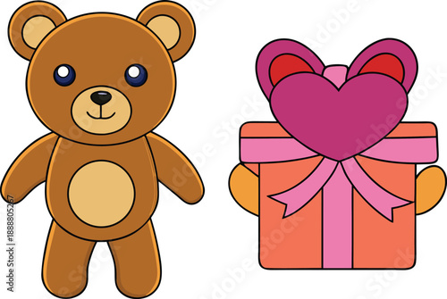 Cute teddy bear with a gift box with a heart on top