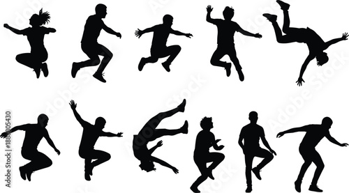Jumping people silhouettes collection, dynamic human poses in mid air action, black vector figures isolated on white background