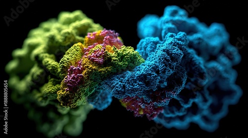 Protein molecular interaction, two protein molecules dock and bind, color fluorescent labeling of binding sites, schematic with black scientific background