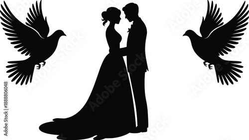 Romantic, wedding, couple, silhouette, bride, groom, love, doves, peace, union, black, white, vector, illustration, marriage, ceremony, elegance, romance, celebration, concept