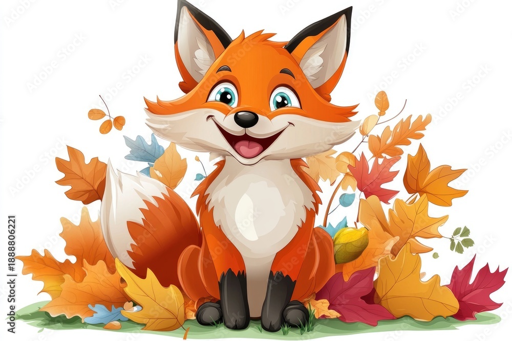 Fototapeta premium Cute cartoon fox sitting among colorful autumn leaves